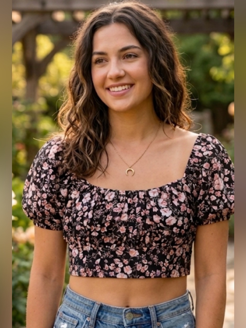 New / Active USA Black Crop Top with Pink Floral Print